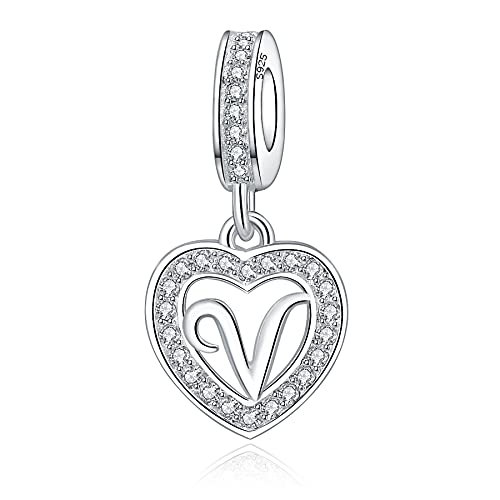 925 Sterling Silver Letter Charms A~Z Alphabet Charm Letter Beads fit Pandora European Bracelets fit Wife Mom Christmas Birthday Gift - color: V