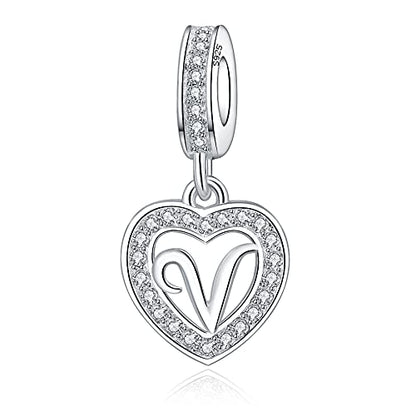 925 Sterling Silver Letter Charms A~Z Alphabet Charm Letter Beads fit Pandora European Bracelets fit Wife Mom Christmas Birthday Gift - color: V