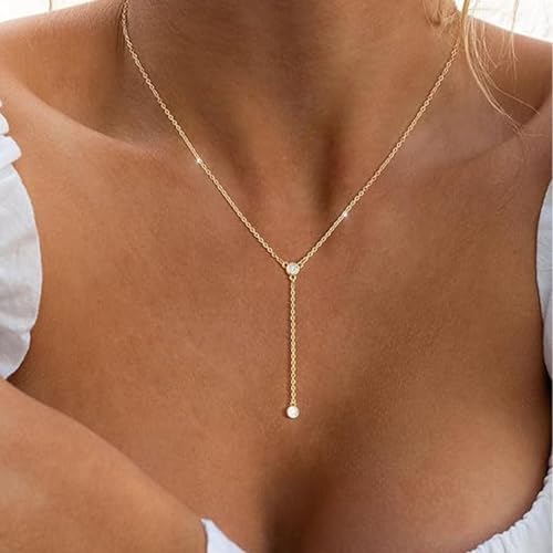 HERIER Lariat Gold Necklace for Women, Dainty Long Necklace 14k Gold Plated/Silver Y-Shaped Layered Beaded Chain Drop Necklaces for Women Trendy Simple Gold Jewelry for Women Gifts - color: Y-CZ-Gold