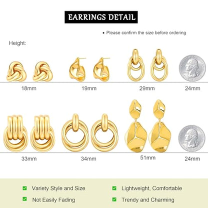 6 Pairs Gold Dangle Earrings for Women, 14K Gold Plated Earrings Geometric Knot Drop Huggie Earrings Trendy Jewelry Gifts - color: B Gold