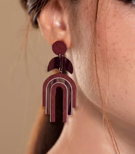 Ozel - Natural Wooden Acrylic Boho Drop Dangle Earrings for Women - Geometric Statement Jewellery - Brown, Black, Magent Red, Olive Green, White beige - color: Arch_Magenta