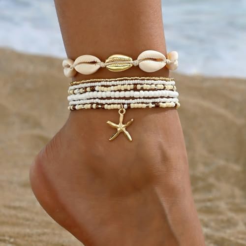 Qceasiy Shell Ankle Bracelets for Women, Boho Beaded Beach Anklet Set | Seashell, Heart, Starfish and Conch Styles, Gold-Tone, Stretch or Adjustable Fit, Layered Beach Vacation Jewelry Gifts - color: White 1