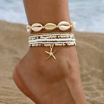 Qceasiy Shell Ankle Bracelets for Women, Boho Beaded Beach Anklet Set | Seashell, Heart, Starfish and Conch Styles, Gold-Tone, Stretch or Adjustable Fit, Layered Beach Vacation Jewelry Gifts - color: White 1