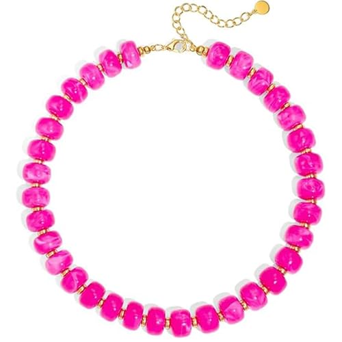 Chunky Beaded Necklace for Women, Colorful Boho Statement Necklace, Gold Chunky Resin Large Bead Necklace, Waterproof Summer Beach Jewelry Gifts for Women - color: Magenta