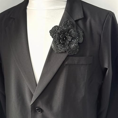 Rhinestone Flower Brooch Pin for Women Men Elegant Sparkly Crystal Camellia Floral Lapel Pins Shawl Dress Suit Clothes Accessories Wedding Party Fashion Jewelry 105mm - color: Black