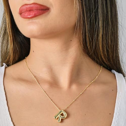 Gold Bubble Initial Necklace for Women Balloon Letter Necklace 18K Gold Plated Dainty Alphabet Pendant Puffy Name Personal Necklace - color: R