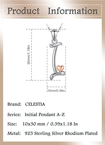 CELESTIA 925 Sterling Silver Initial Necklaces 26 Letter with Rose Gold Heart - 18 Inch Chain - color: I-Initial