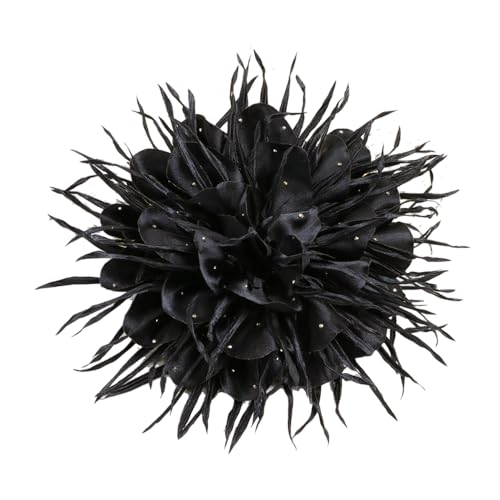 18cm/7in Dainty Spiky Fabric Flower Brooch Pin for Women Girls Elegant Crystal Colorful Pom-Pom Fluffy Floral Peony Brooches Lapel Hair Pins Trendy Party Dress Accessories Jewelry - color: Black