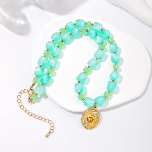 Chunky Beaded Necklaces for Women Trendy Colorful Acrylic Bead Statement Necklace Puffy Heart Pendent Necklaces for Women Boho Fashion Jewelry - color: K-green