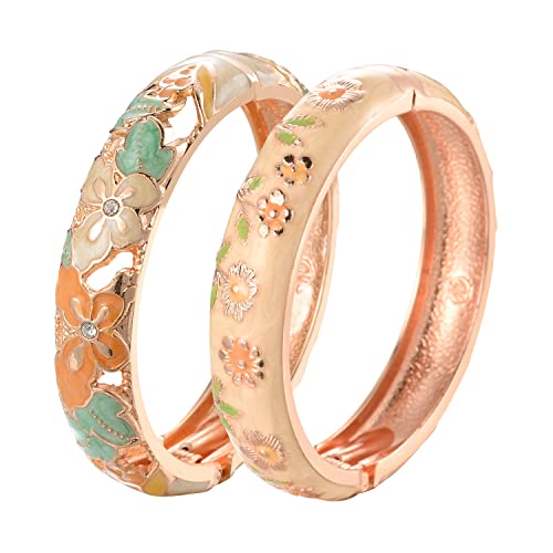 UJOY Cloisonne Indian Bangle Colored Crystal Plated Hinge Cuff Bracelet Hollowed Bird Enamel Jewelry Gift 55C49 - color: A09-2 Pcs/set-Butterfly-Yellow