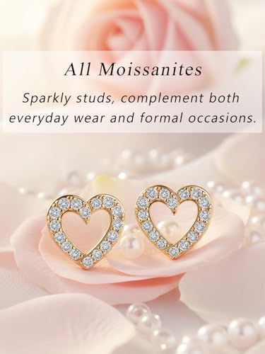 All Moissanites Sparkly Geometric Stud Earrings for Women, Solid 925 Sterling Silver with Rhodium/Gold Plated Hypoallergenic, Lightweight Comfy Earrings - color: Heart - Yellow Gold