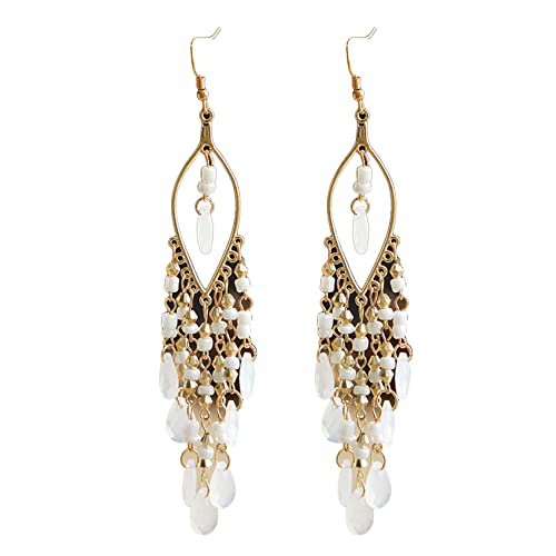Essencedelight Crystal Beaded Tassel Earring Long Beaded Dangle Earring Fringe Hook Earring for Women Bridal Wedding - color: White