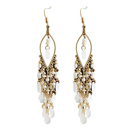 Essencedelight Crystal Beaded Tassel Earring Long Beaded Dangle Earring Fringe Hook Earring for Women Bridal Wedding - color: White