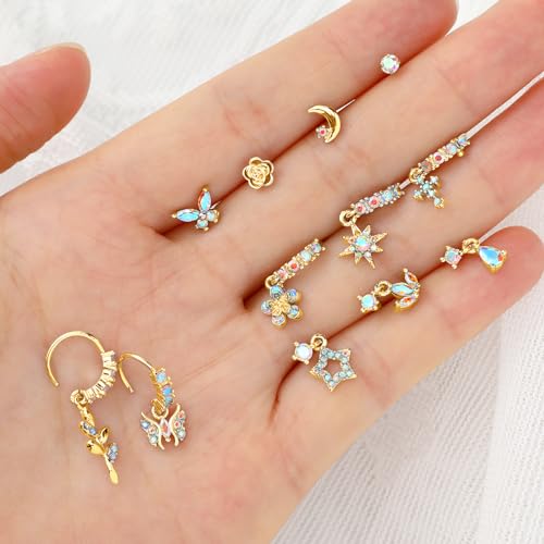 18 Pcs Dangle Nose Ring L Shaped Dangling Nose Stud Nose Ring Hoop Indian Nose Piercing Jewelry with Charm - color: Gold AB