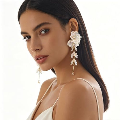 Fabric Flower Earrings for Women Colorful Long Tassel Floral Drop Earrings Fashion Boho Exaggerated Statement Beach Party Jewelry - color: acrylic white