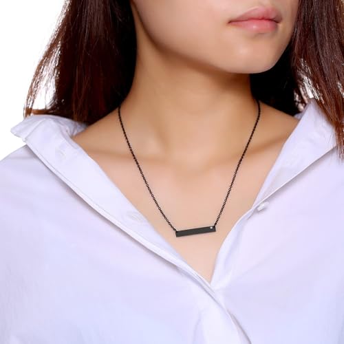 Rockyu Horizontal Bar Necklace for Women Gold Plated Stainless Steel Minimalist Bar Pendant with Shiny Rhinestone Adjustable Chain 18 Inch Jewelry Christmas New Year Gift (Silver)