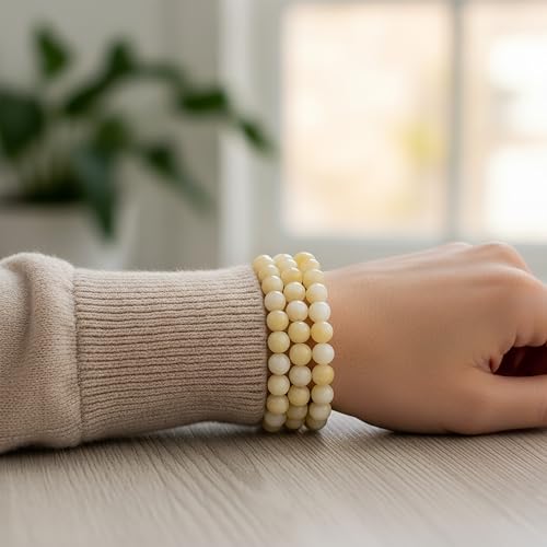 Bling Jewelry Unisex Stackable Set Of 3 Gemstone Round Bead 8MM Stretch Bracelet For Women Teen Men Multi Strand Stacking Adjustable - color: Yellow Stone Jade