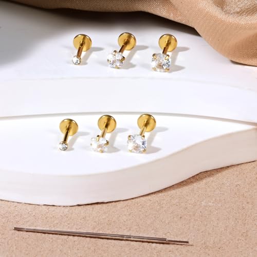 Zolure 18G/20G Flat Back Earrings Stud Threadless Nose Studs Surgical Steel Push in Earrings Tragus Cartilage Labret Helix Lip Conch Medusa Piercing Jewelry - color: 18G Gold #2