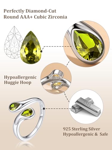 Bestyle Silver Birthstone Ring for Women, Dainty Sterling Silver Teardrop Ring Open Adjustable Band Ring, Love Statement TOI et Moi Ring Promise Ring for Her - color: 08.August ( Peridot)