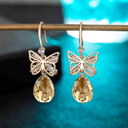 Austrian Crystal Teardrop Butterfly Drop Dangle Earrings for Women 14K Rose Gold Plated Hypoallergenic Jewelry - color: Light Topaz