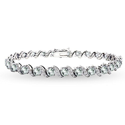 B. BRILLIANT Sterling Silver Genuine, Created or Simulated Gemstone Round S Design Tennis Bracelet for Women - color: Aquamarine - Sterling Silver
