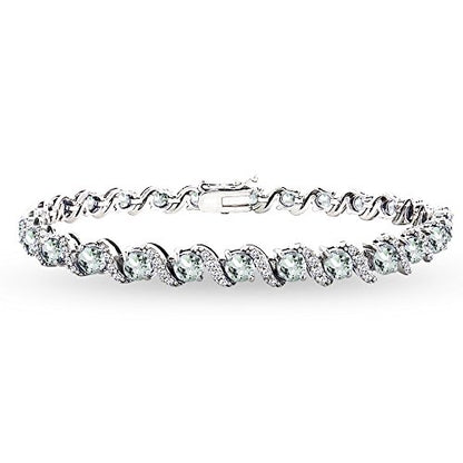 B. BRILLIANT Sterling Silver Genuine, Created or Simulated Gemstone Round S Design Tennis Bracelet for Women - color: Aquamarine - Sterling Silver