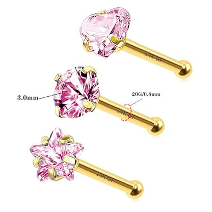 3 Pcs 14K Gold Filled Nose Studs 20G Stainless Steel Stud Nose Ring 2mm/2.5mm/3mm Round CZ L Bend Nose Stud Hypoallergenic Nose Piercing - color: pink I