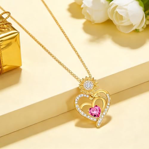Midari Sunflower Necklace 18k Gold Plated Heart with Brithstone You Are My Sunshine Necklace Anniversary Birthday Sunflower Jewelry Gift for Women Wife Mom - color: 10-October