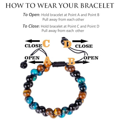Triple Protection Bracelet,Bracelets for Men Women, Natural Tiger Eye Jewelry Stone Hematite and Blue Stone Hematite 8mm Crystal Bracelet - Adjustable Size with Premium Gift-Box - color: Black-Brown-Blue