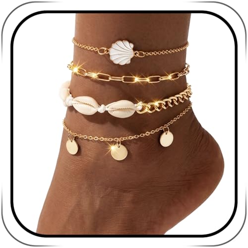 Sea Shell Starfish Anklet with Pearl Charms, Layered Heart Beach Statement Chunky Ankle Bracelet, Gold Tone Chain - color: Gold C