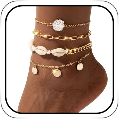 Sea Shell Starfish Anklet with Pearl Charms, Layered Heart Beach Statement Chunky Ankle Bracelet, Gold Tone Chain - color: Gold C