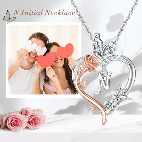 TOUPOP Gifts for Women Her 925 Sterling Silver Rose Heart Initial Necklace Butterfly Heart Jewelry Anniversary Birthday Gifts for Wife Girlfriend Mom - color: N Initial