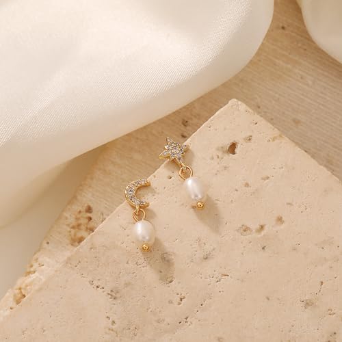 Pearl Earrings for Women 14K Gold Freshwater Pearl Hoop Earring Dangle Drop Wedding Earrings Bridal Bridesmaid Jewelry Gifts for Women - color: Gold Moon & Star Pearl Earrings