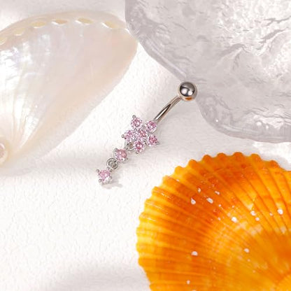 14G G23 Titanium Dangle Belly Button Ring for Women Flower CZ Dangling Belly Rings Cute Dainty Dangly Navel Ring Belly Piercing Jewelry - color: Pink