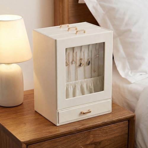 3-Tier Jewelry Organizer Box, Velvet Lining Jewelry Storage with Transparent Window, Multi-Compartment for Necklaces Earrings Rings, Gift for Women Girls, Vanity/Dresser Decor (White)