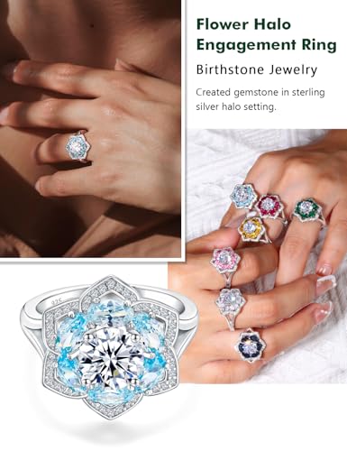 Flower Engagement Promise Ring Sterling Silver Birthstone Rings for Women Sapphire/Emerald/Ruby Gemstone Six Leaf Clover Statement Cocktail Ring Size 6 to 10 - style: 03. March-Created Aquamarine