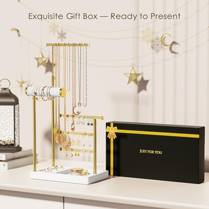 SZQINJI 5 Tier Jewelry Holder Organizer, Gold Necklace Stand Display, White | Velvet Bracelet Holder, Adjustable Height Jewelry Display for Necklaces, Bracelets, Earrings, Rings, Gift Idea for Women - color: White