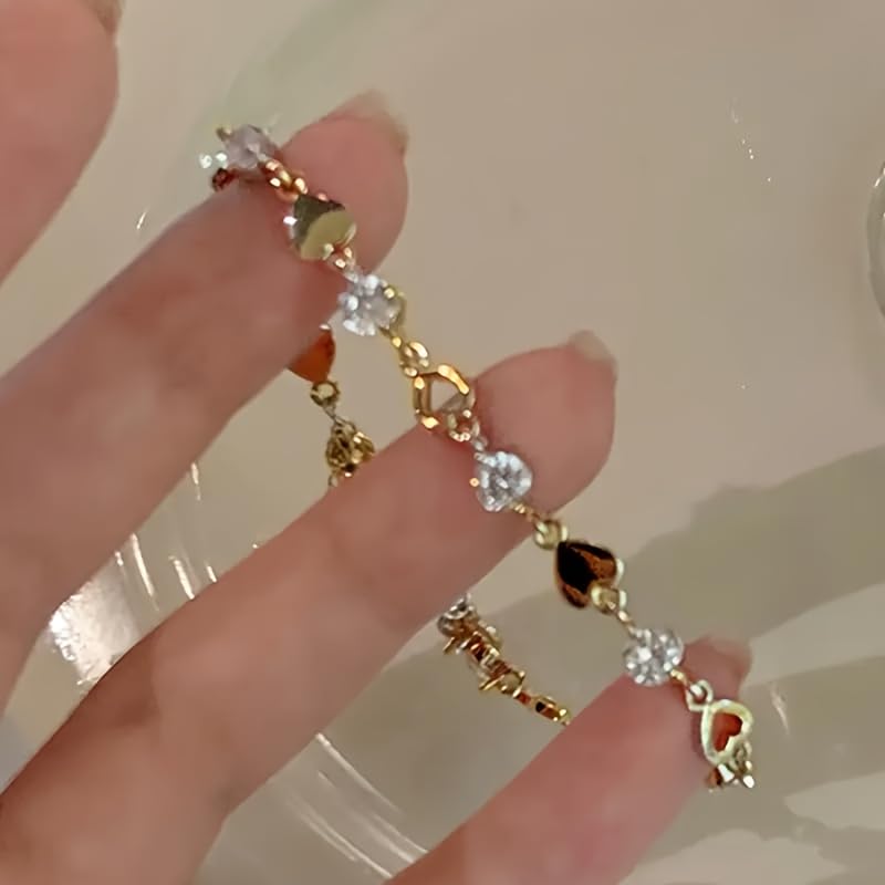 1PC Chain Bracelet, Gold Tone, Solid And Hollow Heart Charms, Paved Crystal Accents, Minimalist Design, Jewelry For Outfit Matching(Gold)
