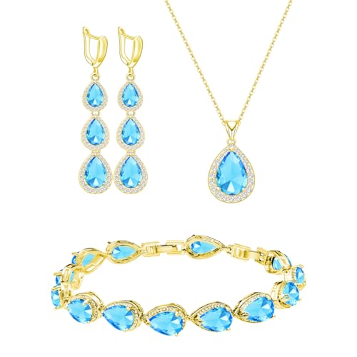 LMXXVJ Necklace Long Earrings Bracelet Set, White Gold Plated Created Blue Sapphire Jewelry Set Wedding Party Gift Jewelry for Women Bridal Bridesmaid - color: Gold-Sky Blue