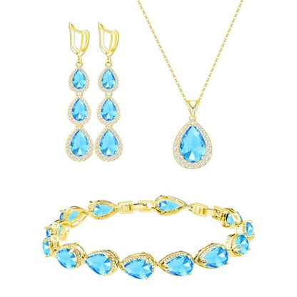 LMXXVJ Necklace Long Earrings Bracelet Set, White Gold Plated Created Blue Sapphire Jewelry Set Wedding Party Gift Jewelry for Women Bridal Bridesmaid - color: Gold-Sky Blue