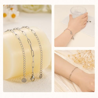 KYUNHOO 10pcs Paperclip Bracelets Chains Set with Adjustable Extender Chain | 6.3 Inches Paperclip Chain for Jewelry Making 304 Stainless Steel Bracelet Kit with Lobster Clasps Jewelry Findings - color: 3x9 paperclip silver