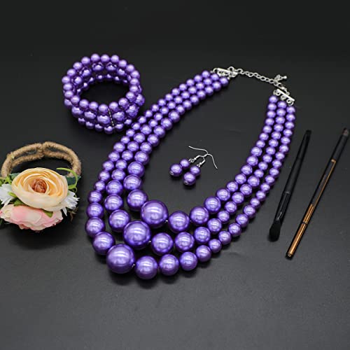 Big Chunky Pearl Necklace and Earrings Set Large Costume 1920s Faux Pearls Gatsby Accessories - color: Purple Pearl Necklace set