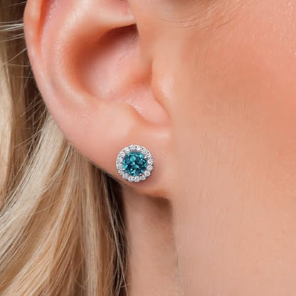 Gem Stone King 14K White Gold 6MM Round Gemstone Birthstone Stud Earrings with Removable Jackets and Lab Grown Diamond Accents | Gold Earrings For Women | Fine Jewelry Gift for Her Mom Women Wife - color: London Blue Topaz-November