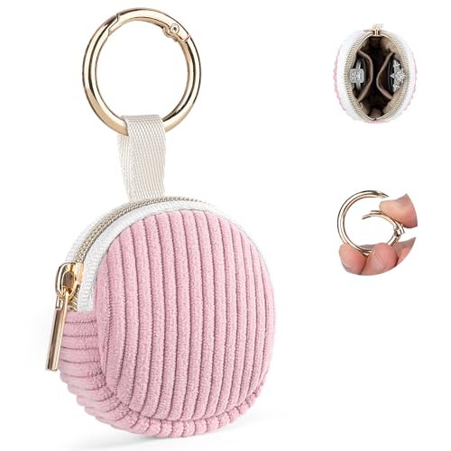 Ring Holder Keychain, Corduroy Travel Jewelry Holder Case, Pink | Small Travel Ring Keeper Storage Box for Rings, Earrings, Stud, Necklaces, Gifts for Party/ Birthday/ Wedding/ Christmas - color: Pink