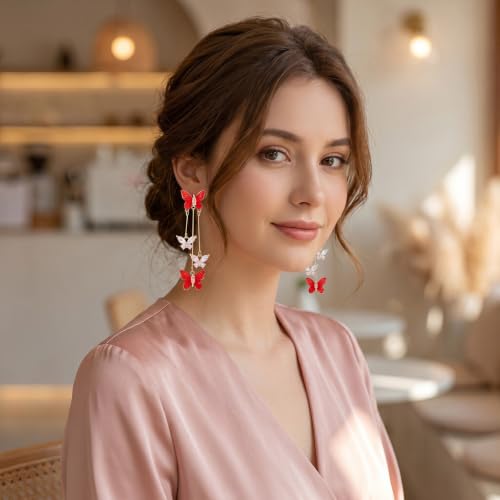 Purple Butterfly Tassel Earrings for Women Crystal Rhinestone Drop Earrings Animal Drop Dangle Charm Earrings - color: E- Red