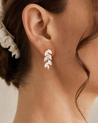 Pearl Earrings - 14K Gold/White Gold/Rose Gold Plated Cubic Zirconia CZ Diaomond Accented Pearl Drop Dangle Earrings for Women Wedding Bridal Prom - color: Silver leaf design