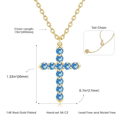 Cross Necklace for Women, Silver Cross Pendant Necklaces | 14K Gold Plated, Dainty CZ Cross Necklace, Non Tarnish and Hypoallergenic Jewelry for Women, Christian Religious Faith Gifts - color: 05-Gold-Blue