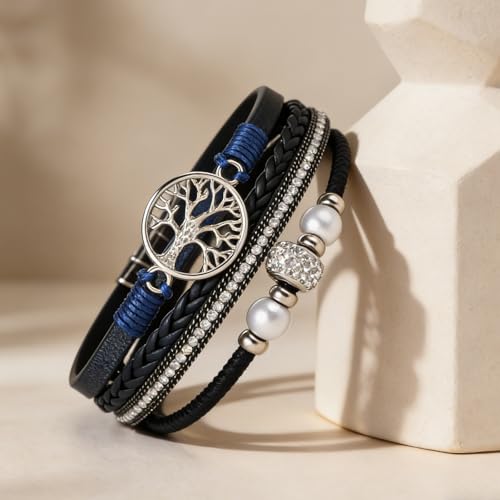 hotoo Leather Wrap Bracelets for Women Tree of Life Cuff Bracelets Pearl Rhinestone Bead Multi-Layer Bracelets Bohemian Jewelry Gift for Women - color: Blue