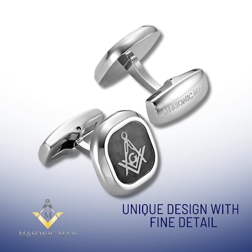 MasonicMan Men’s Stainless Steel Cufflinks with Black Carbon Fiber and Masonic Logo and Gift Pouch