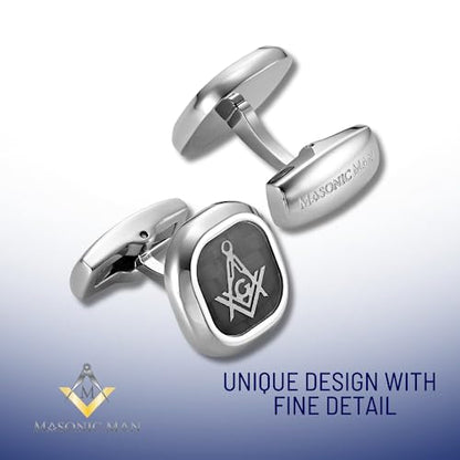 MasonicMan Men’s Stainless Steel Cufflinks with Black Carbon Fiber and Masonic Logo and Gift Pouch